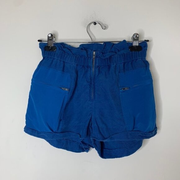Aritzia Wilfred Shorts Crepe Paperbag Ruched Elastic Waist Linen Cobalt Blue - Picture 3 of 15